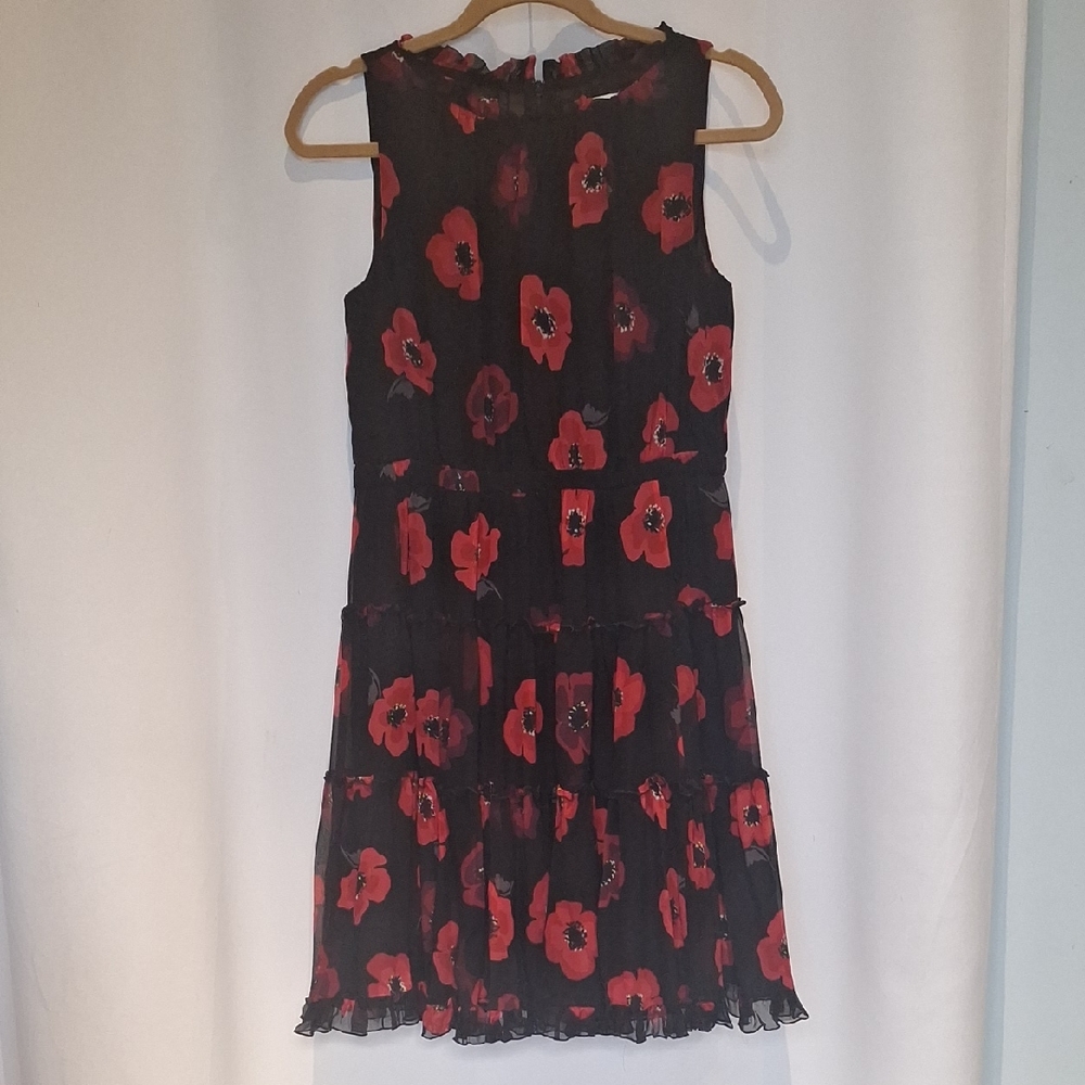 Kate Spade 100% Silk Black Dress with Red Poppies Size 8